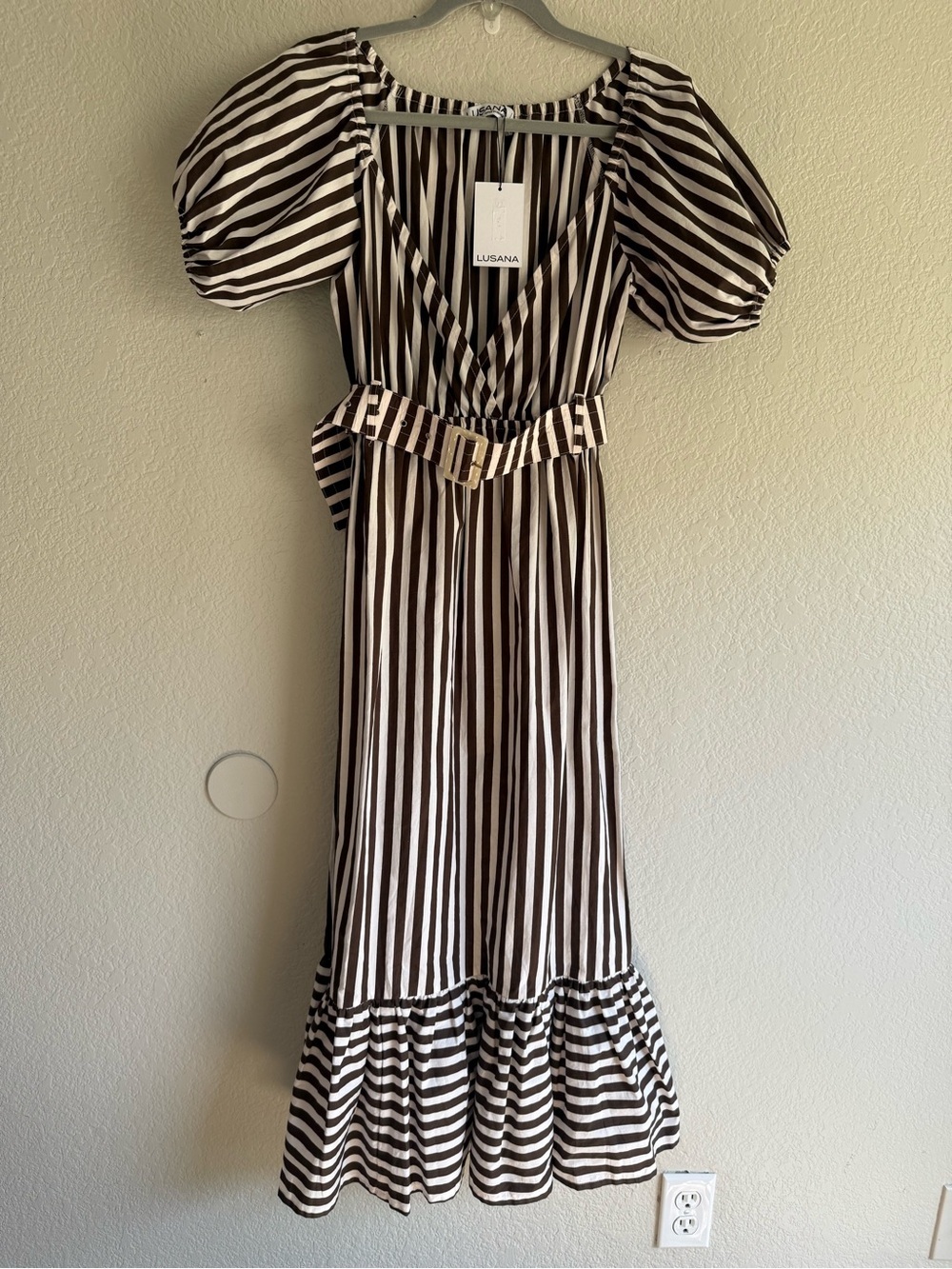 Lusana Leeta Cotton Striped Black and White V-Neck Midi Dress with Belt
